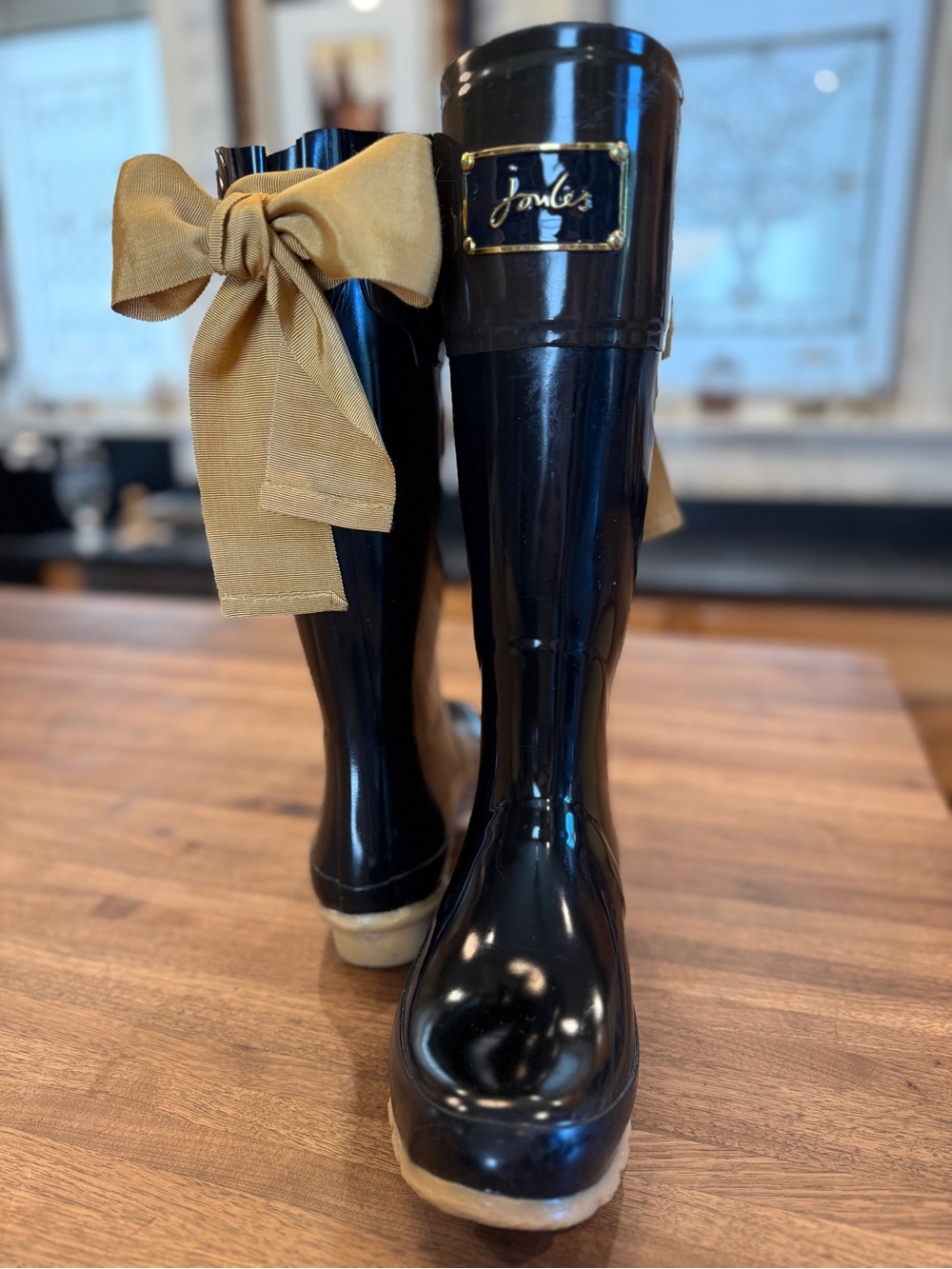 Joules Black Glossy Tall Rain Boots with Tan Bow